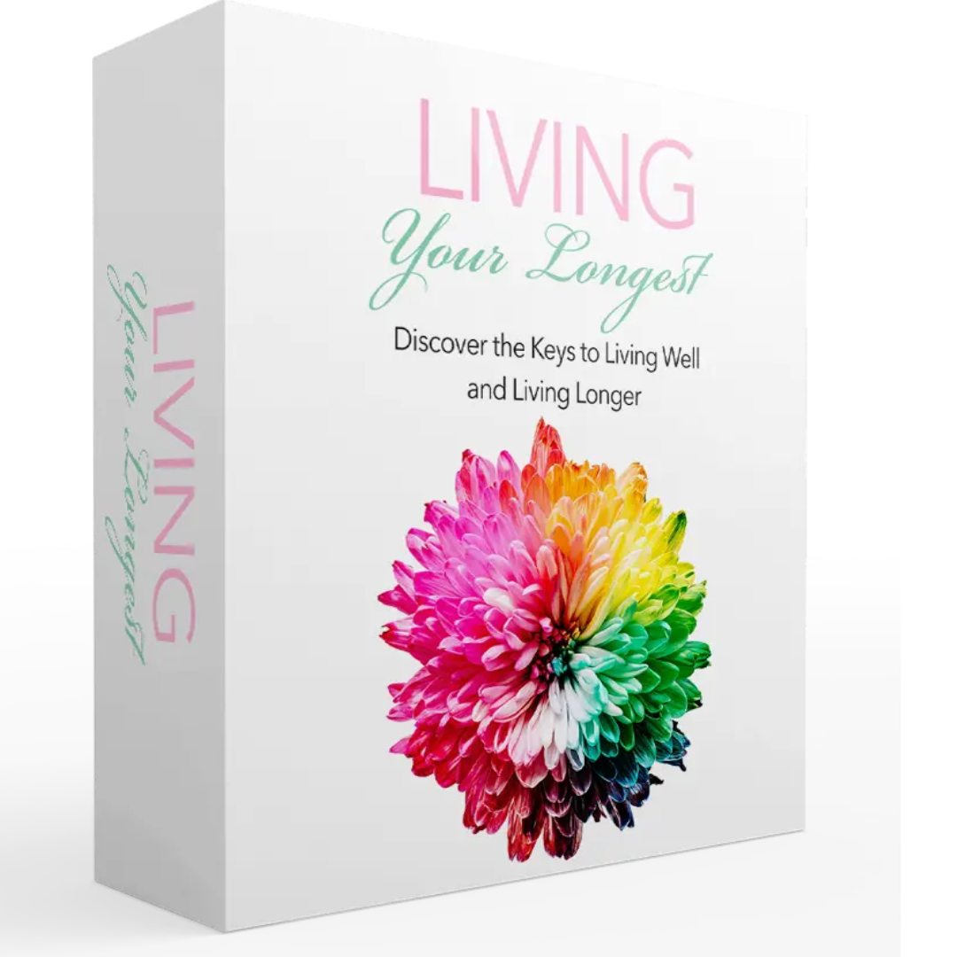 Book or product packaging titled 'Living Your Longest' with a colorful flower design on a white background.